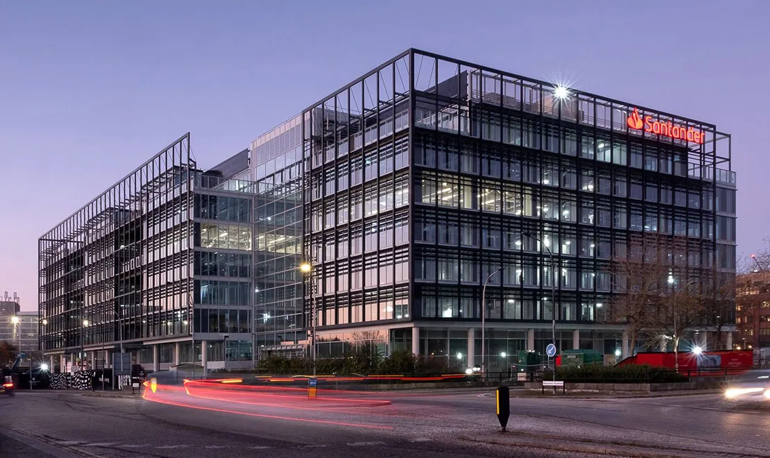 Santander UK office building at dusk