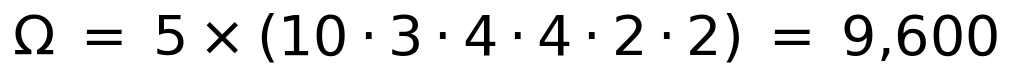 Equation: Omega = 5 x (10*3*4*4*2*2) = 9,600