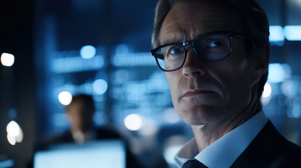 Compliance executive reviewing risk data on screens