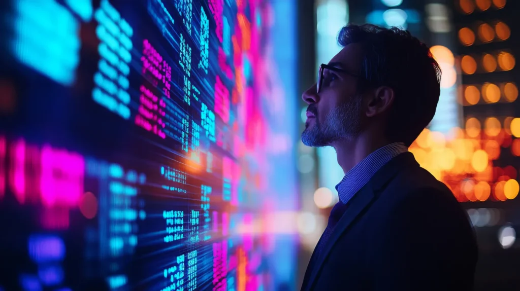 Analyst studying a wall of live payment data
