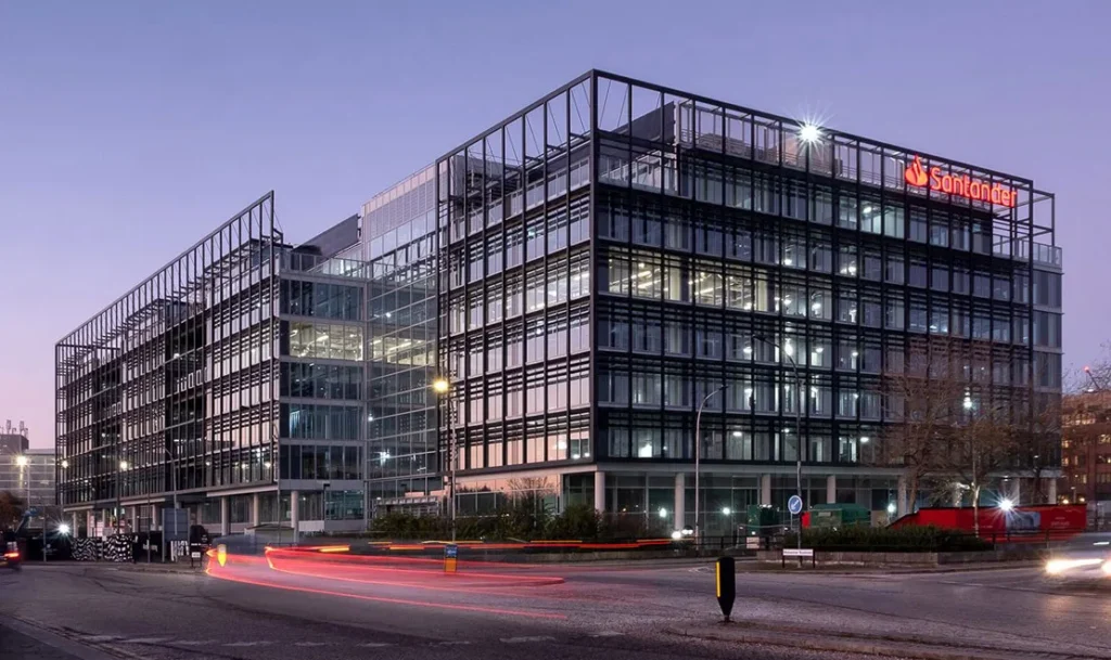 Santander UK office building at dusk